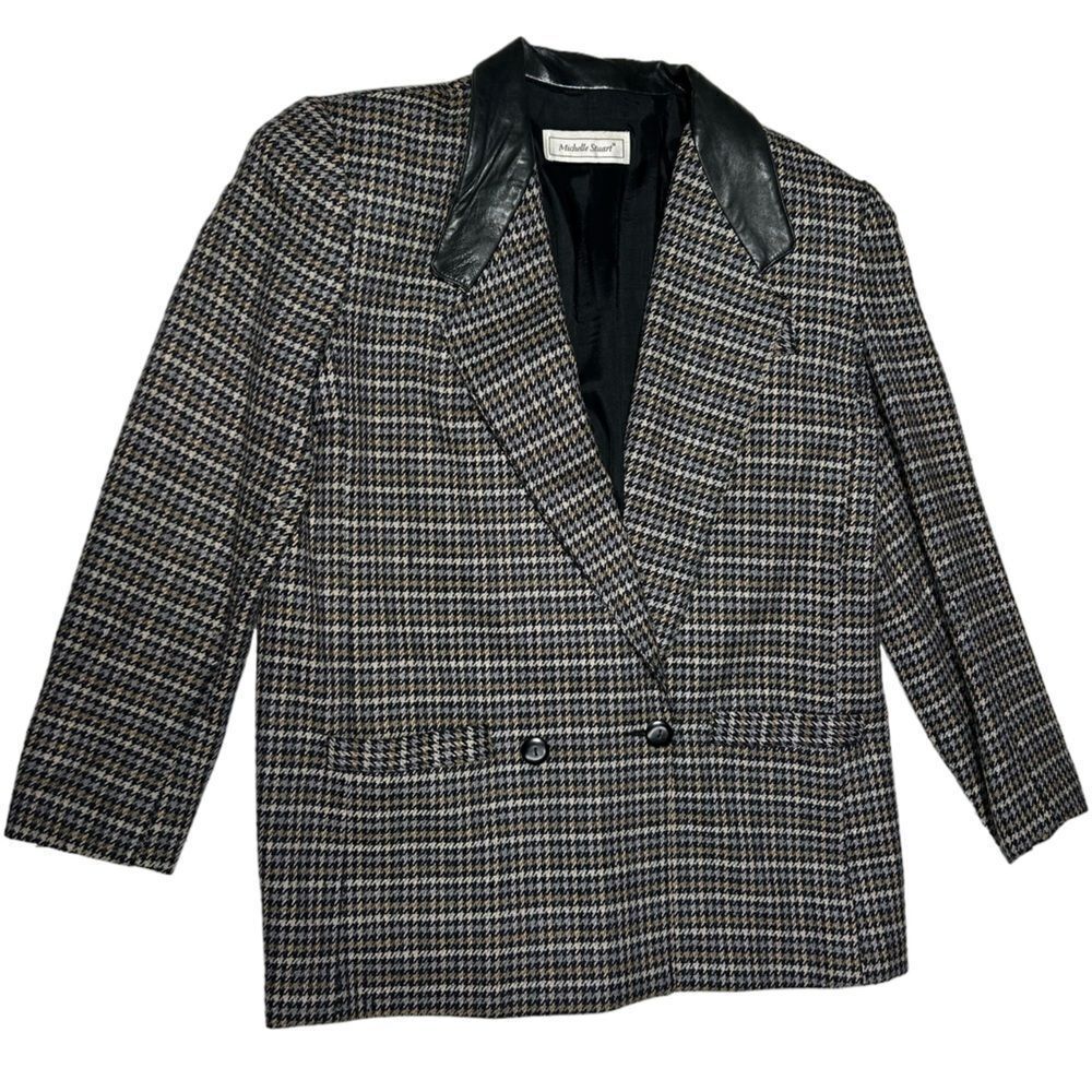 Vintage Wool Silk Blend Blazer Brown Houndstooth Patterned Michelle Stuart Suit